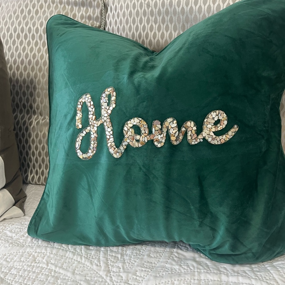 Green Velvet Accent Pillow with 'Home' Embroidery